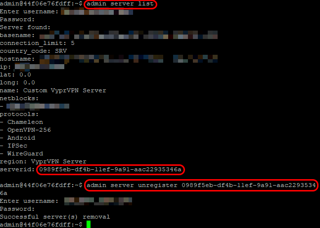 Putty - 管理服务器取消注册 - 管理服务器列表、Serverid 和取消注册命令突出显示.png