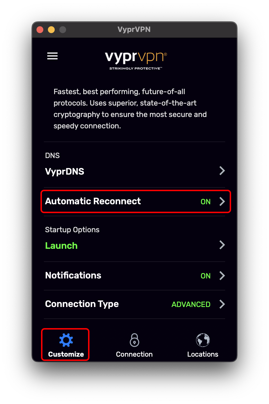 Customize Menu - Scrolled Down - Customize and Automatic Reconnect Highlighted.png