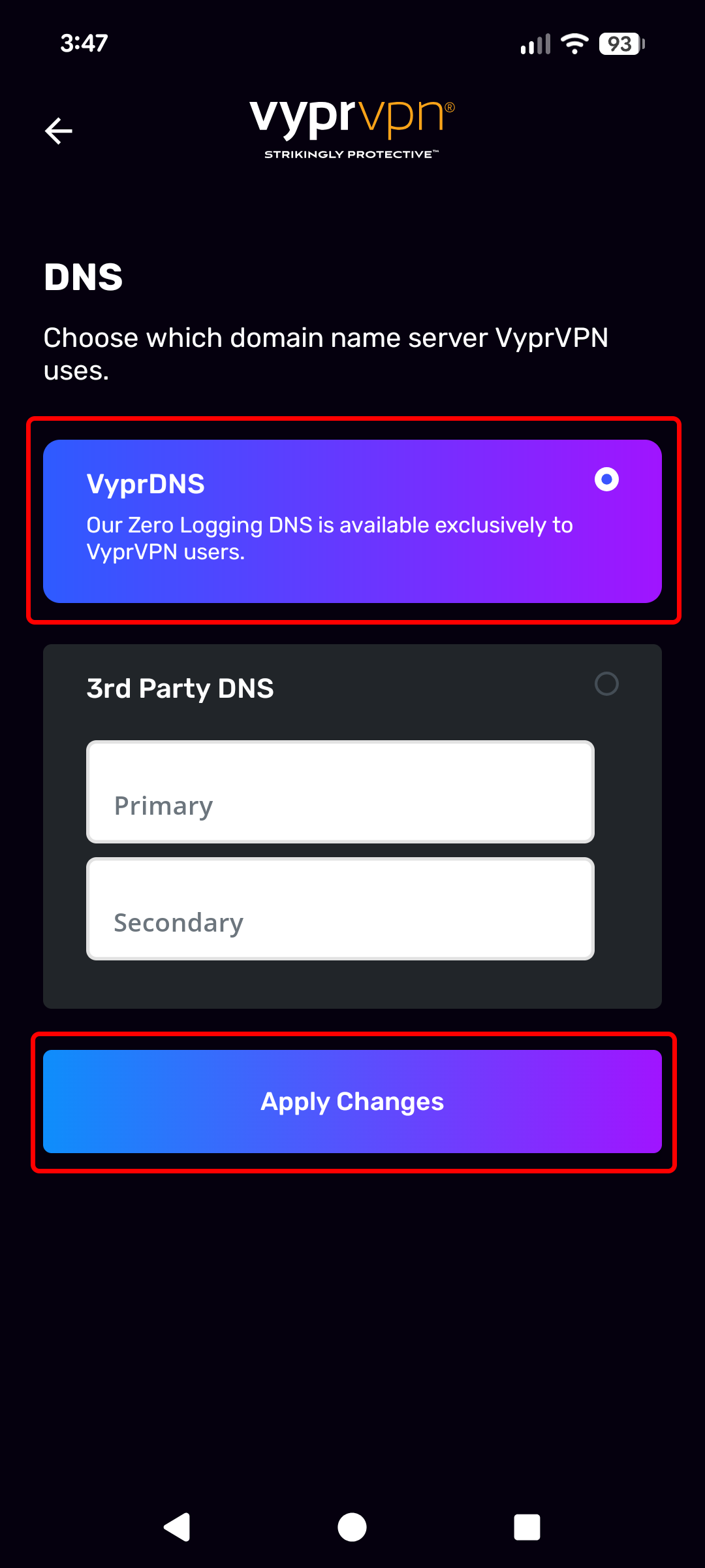 Android - DNS - VyprDNS Selected (VyprDNS and Apply Changes Highlighted).png