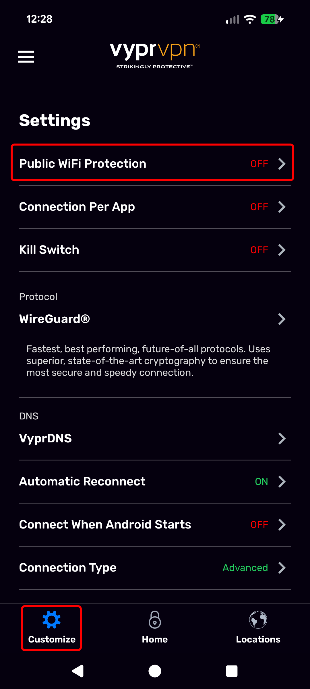 Android - Customize Screen (Customize and Public Wifi Protection Highlighted).png
