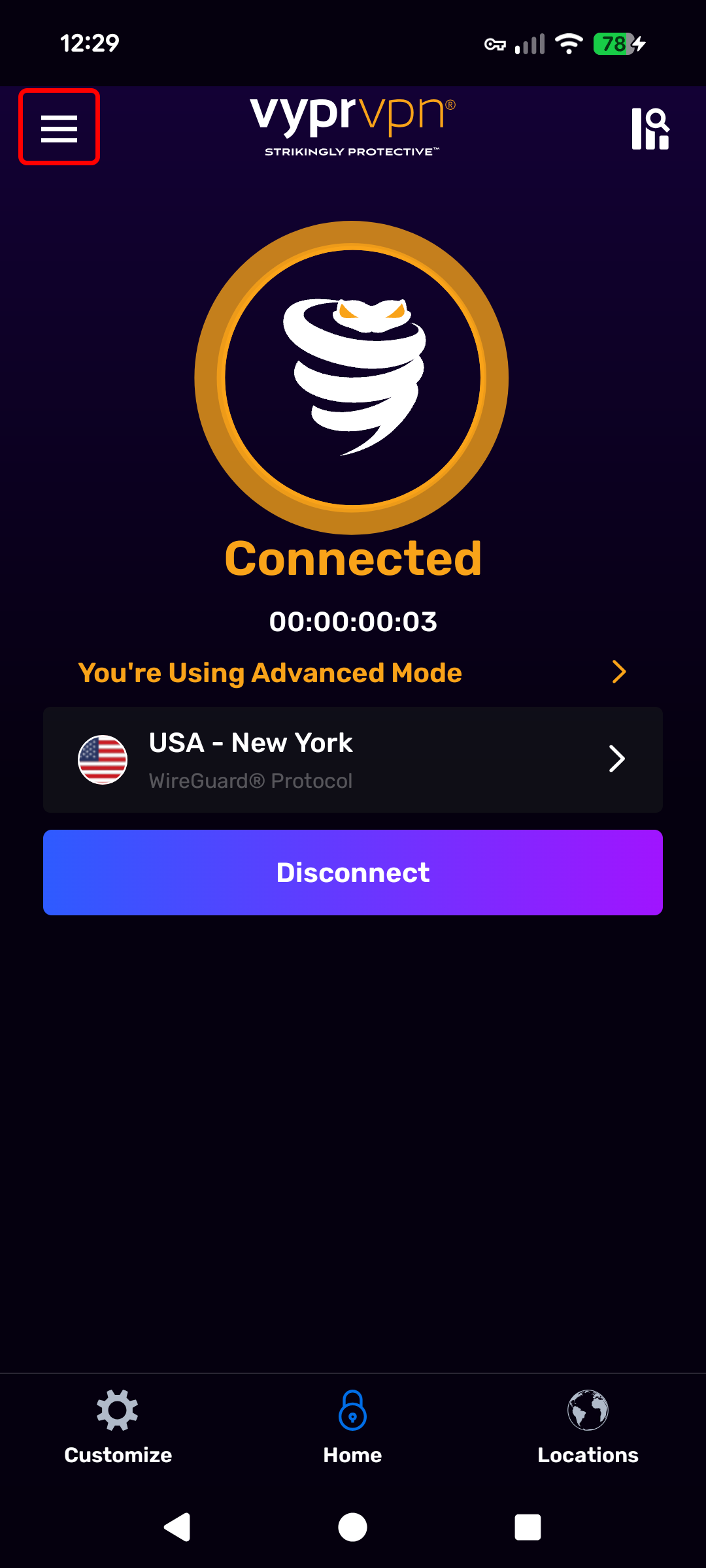 Android - Home Screen - Connected (Hamburger Menu Highlighted).png