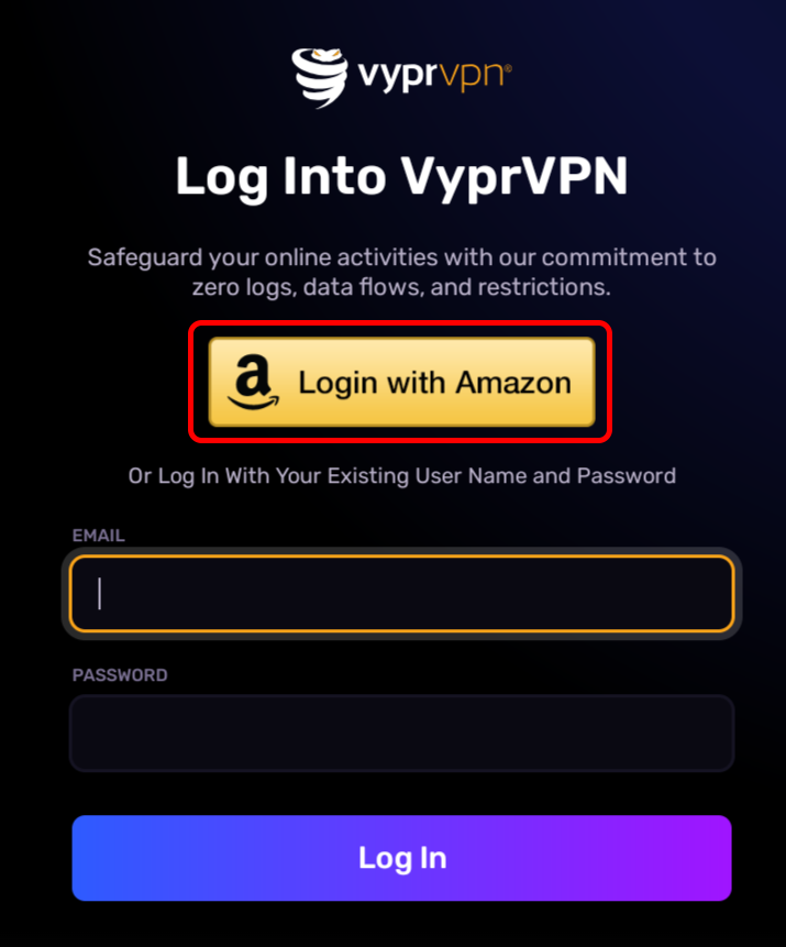 Amazon Fire TV - Sign in screen - Login with Amazon Visible (Login with Amazon Highlighted).png